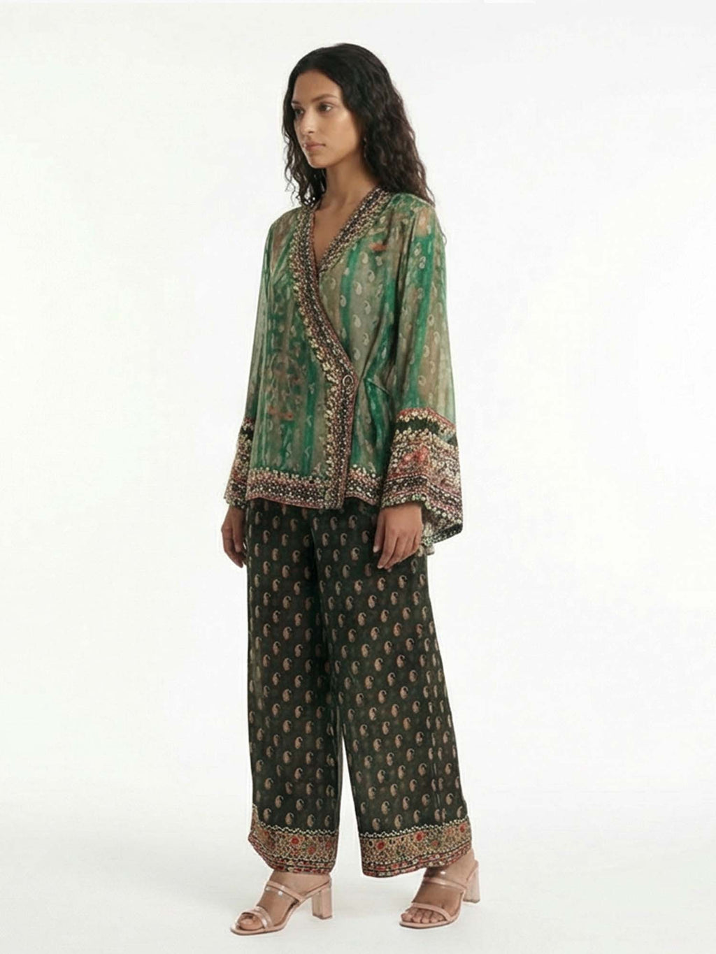 Vintage Green Paisley Print Veil Pants