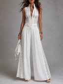 Lace Panel Wide Leg White Jumpsuit