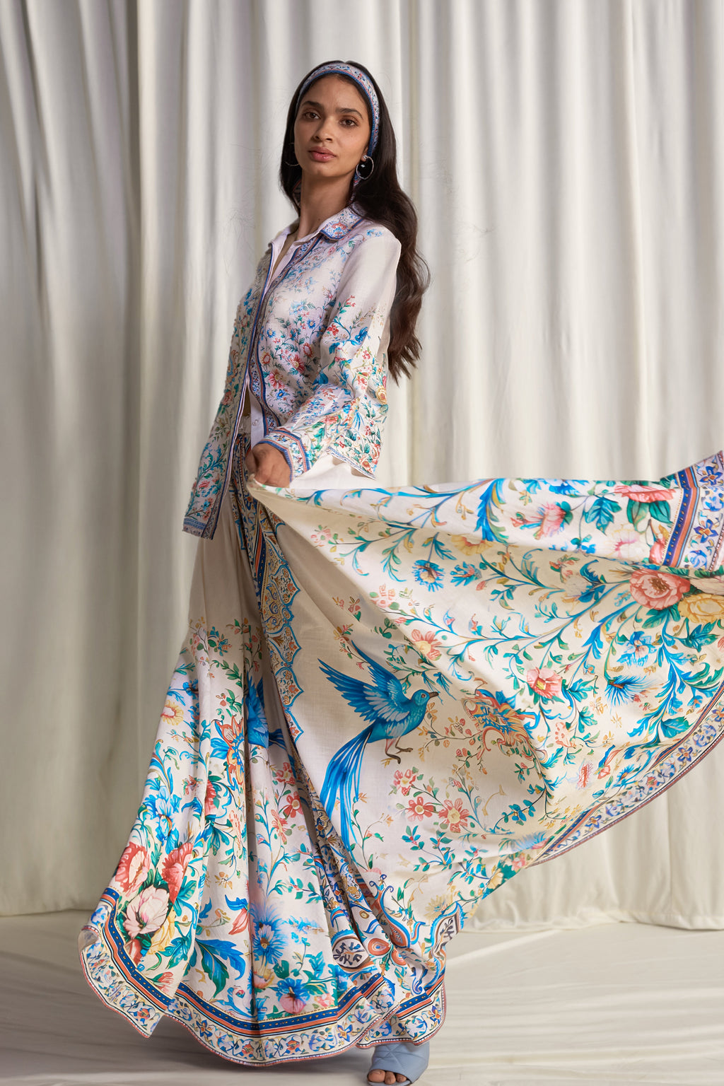 Exquisite Botanical Print Shirt & Flared Maxi Skirt Two-Piece Set