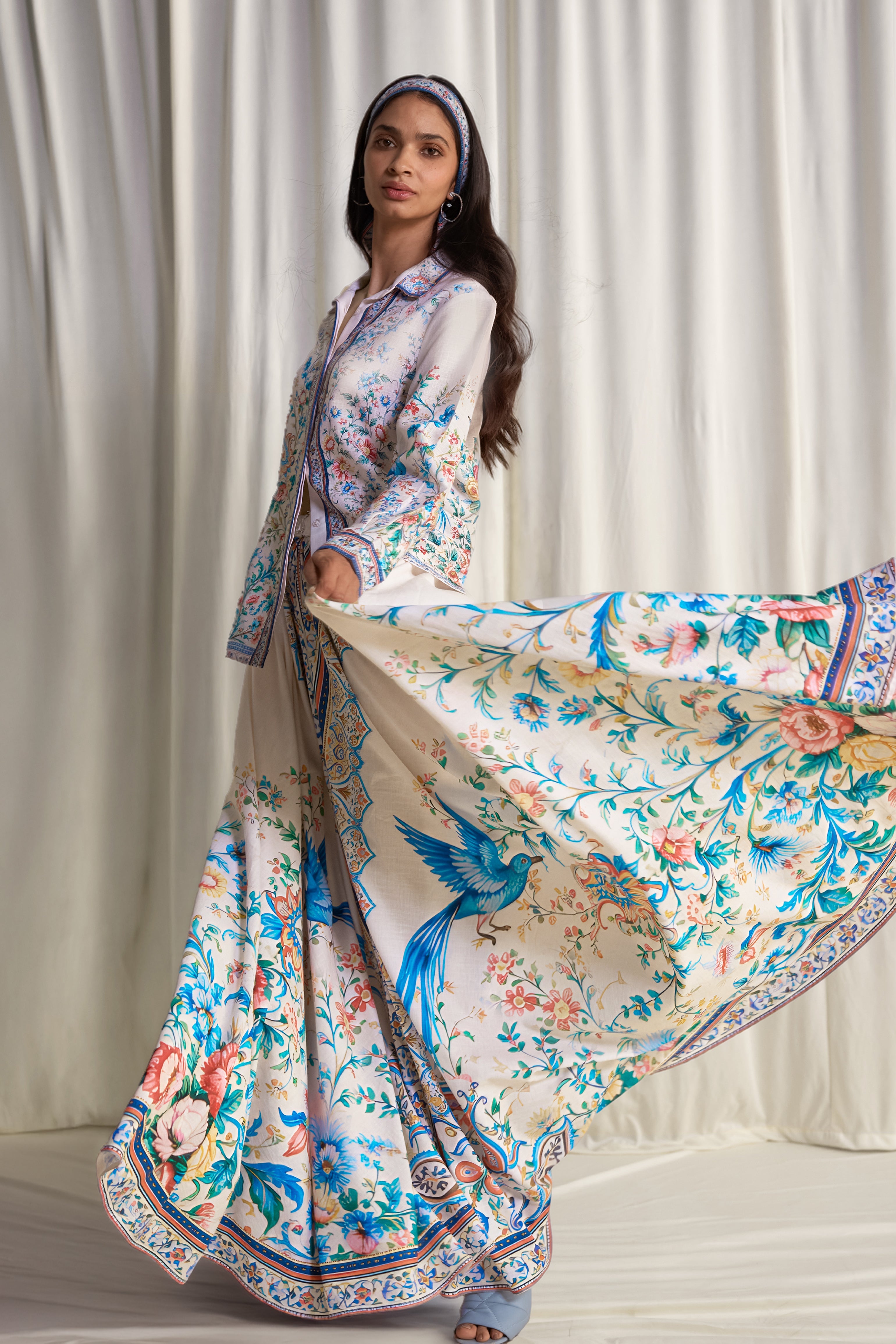 Exquisite Botanical Print Shirt & Flared Maxi Skirt Two-Piece Set