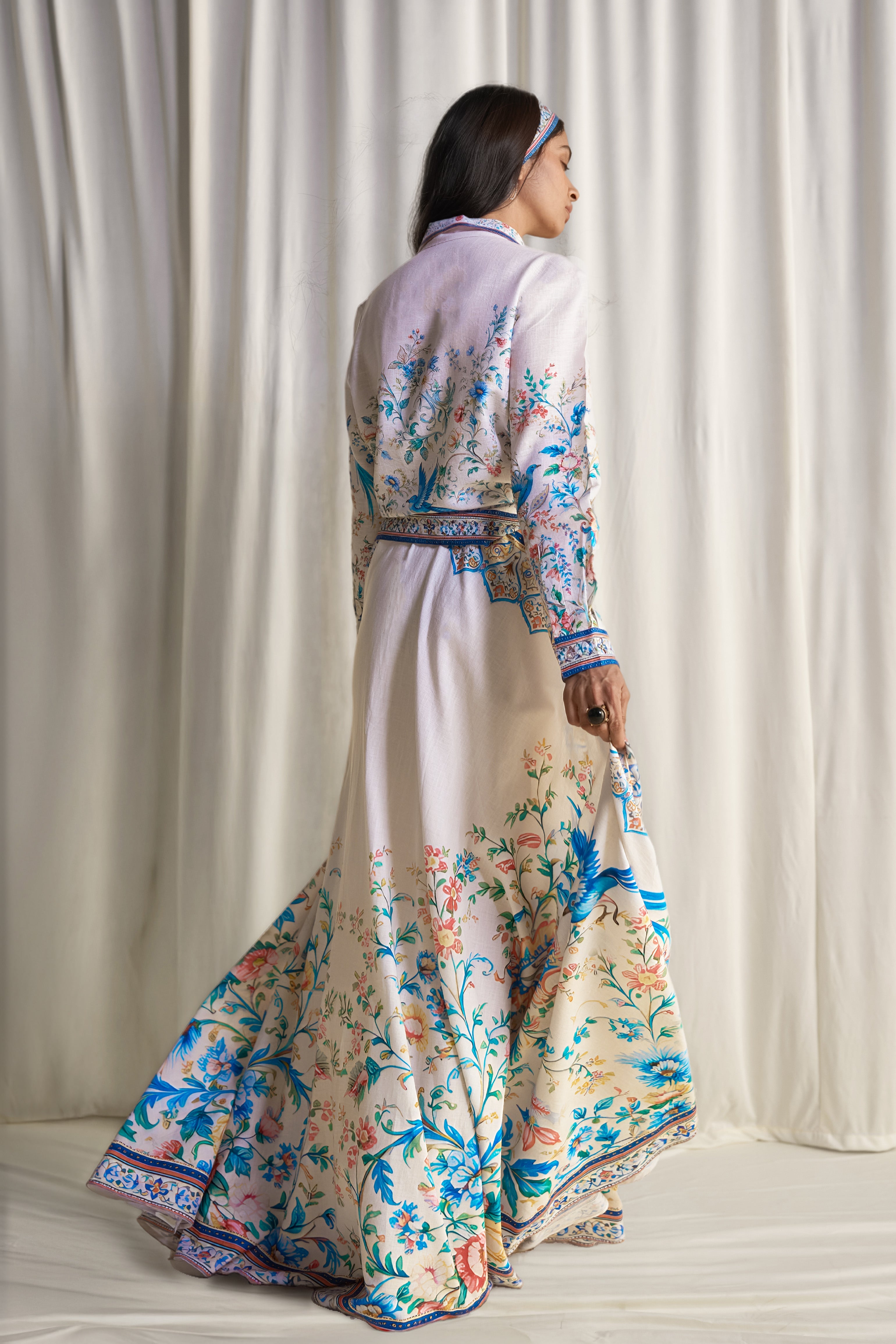 Exquisite Botanical Print Shirt & Flared Maxi Skirt Two-Piece Set