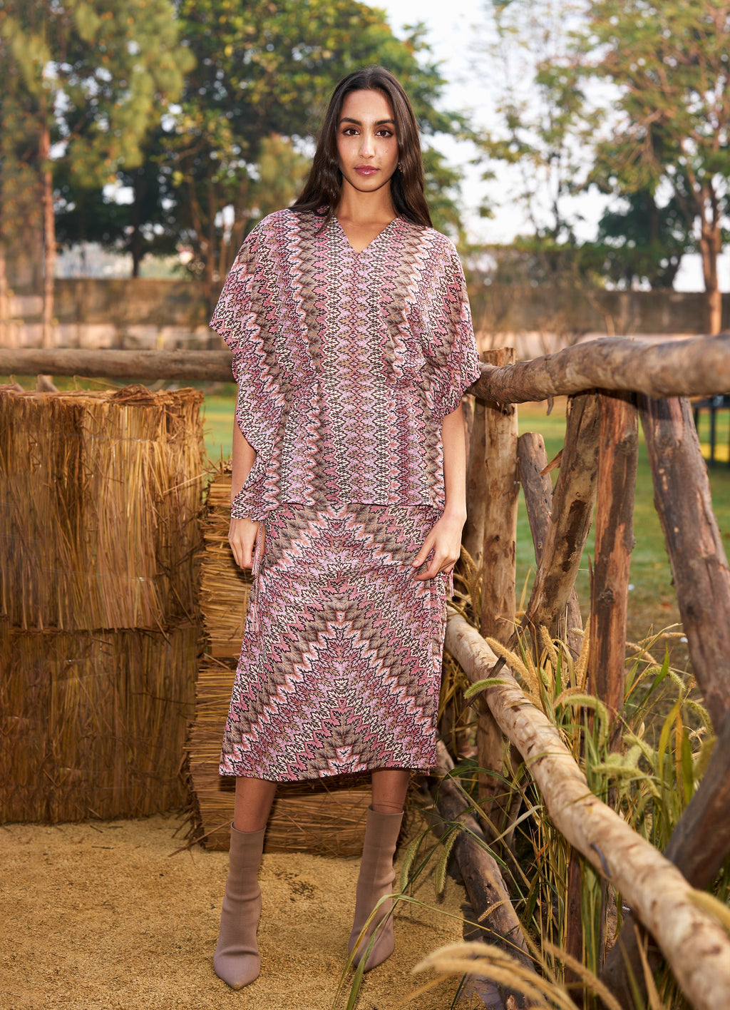 V‑Neck Batwing Top & Printed Midi Skirt Two‑Piece Set