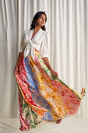 Front-Tie Satin Crop Top & Floral Print Maxi Skirt Two-Piece Set