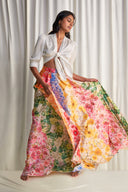 Front-Tie Satin Crop Top & Floral Print Maxi Skirt Two-Piece Set