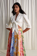 Front-Tie Satin Crop Top & Floral Print Maxi Skirt Two-Piece Set