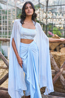 Beaded Crop Top Cape & Draped Satin Skirt Three‑Piece Set