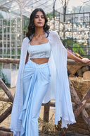 Beaded Crop Top Cape & Draped Satin Skirt Three‑Piece Set
