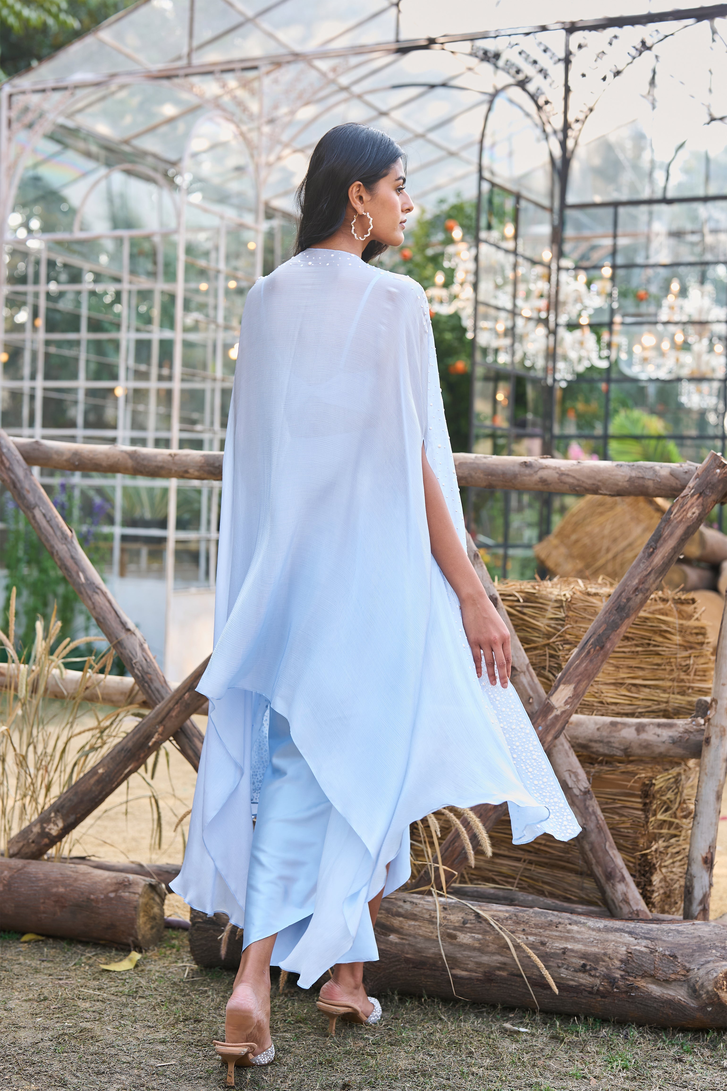 Beaded Crop Top Cape & Draped Satin Skirt Three‑Piece Set