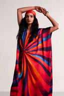 Elegant Waist‑Knot Rainbow Stripe Kaftan Maxi Dress