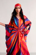 Elegant Waist‑Knot Rainbow Stripe Kaftan Maxi Dress
