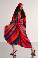 Elegant Waist‑Knot Rainbow Stripe Kaftan Maxi Dress