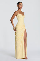 Ruched Spaghetti Strap Slit Maxi Dress