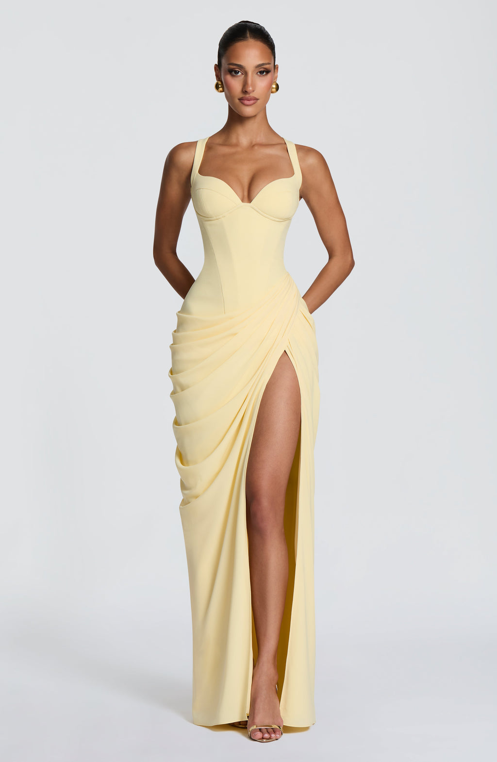 Ruched Spaghetti Strap Slit Maxi Dress