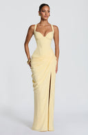 Ruched Spaghetti Strap Slit Maxi Dress