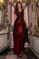 Elegant One‑Shoulder Draped Sequin Slit Maxi Dress