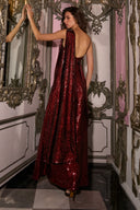 Elegant One‑Shoulder Draped Sequin Slit Maxi Dress