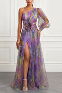 Elegant Floral Print Ruched One-Shoulder Sheer Maxi Dress