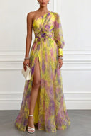 Elegant Floral Print Ruched One-Shoulder Sheer Maxi Dress