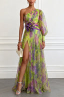 Elegant Floral Print Ruched One-Shoulder Sheer Maxi Dress