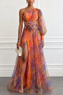 Elegant Floral Print Ruched One-Shoulder Sheer Maxi Dress