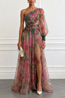 Elegant Floral Print Ruched One-Shoulder Sheer Maxi Dress