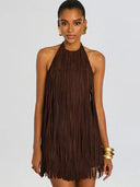 Halter-Style Tassels Faux Suede Mini Dress