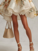 Exquisite Floral Print Organza Lace-Trim Mini Dress