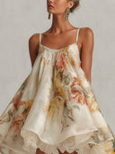 Exquisite Floral Print Organza Lace-Trim Mini Dress