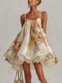 Exquisite Floral Print Organza Lace-Trim Mini Dress