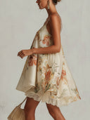 Exquisite Floral Print Organza Lace-Trim Mini Dress