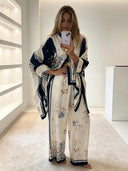Exquisite Satin Print Batwing Sleeve Wide-Leg Pants Two-Piece Set