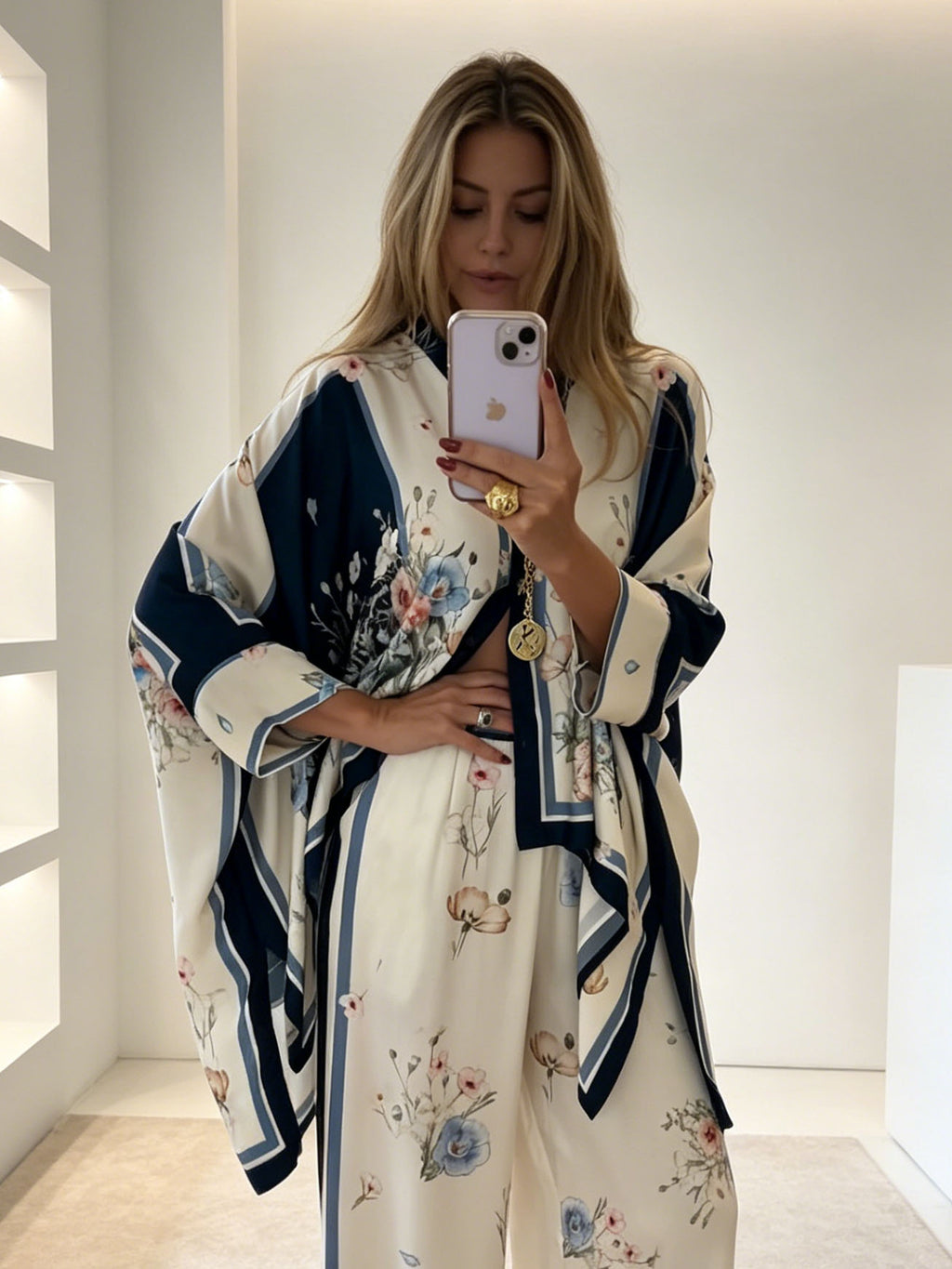 Exquisite Satin Print Batwing Sleeve Wide-Leg Pants Two-Piece Set