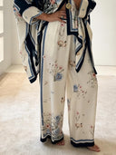 Exquisite Satin Print Batwing Sleeve Wide-Leg Pants Two-Piece Set