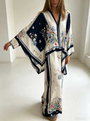 Exquisite Satin Print Batwing Sleeve Wide-Leg Pants Two-Piece Set
