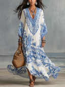 Refined Porcelain Print V-Neck Kaftan Maxi Dress