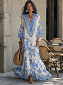 Refined Porcelain Print V-Neck Kaftan Maxi Dress