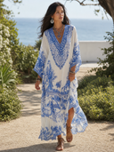 Refined Porcelain Print V-Neck Kaftan Maxi Dress