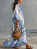 Refined Porcelain Print V-Neck Kaftan Maxi Dress