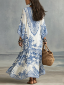 Refined Porcelain Print V-Neck Kaftan Maxi Dress