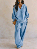 Casual V-Neck Tie-Sleeve Top & Wide-Leg Pants Two-Piece Set