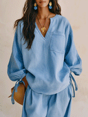 Casual V-Neck Tie-Sleeve Top & Wide-Leg Pants Two-Piece Set