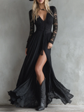 Sexy Lace Panel High Slit Maxi Dress