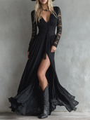 Sexy Lace Panel High Slit Maxi Dress
