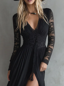 Sexy Lace Panel High Slit Maxi Dress