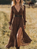 Sexy Lace Front Slit Long Sleeve Maxi Dress