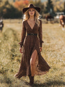 Sexy Lace Front Slit Long Sleeve Maxi Dress
