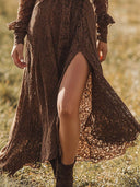 Sexy Lace Front Slit Long Sleeve Maxi Dress