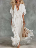 Casual V-Neck Fringe Flowing Maxi Dress