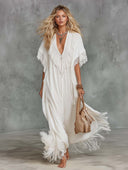 Casual V-Neck Fringe Flowing Maxi Dress