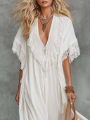 Casual V-Neck Fringe Flowing Maxi Dress